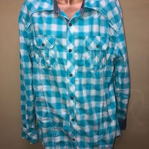 Buckle black aqua white long sleeve shirt size large